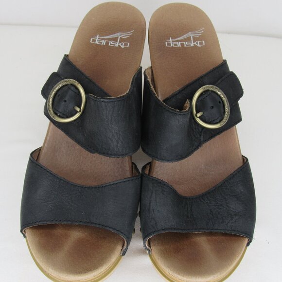 Dansko Black Leather Two Strap Studded Slide Heel Sandal 3" Women's 37 7 - Picture 6 of 9